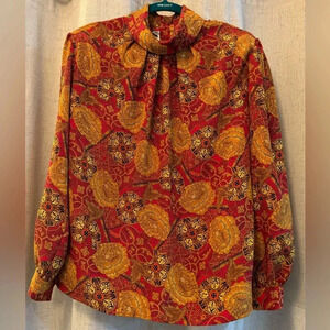 Laura & Jayne Petite Collection Size 12 high neck floral blouse.Reds and Golden